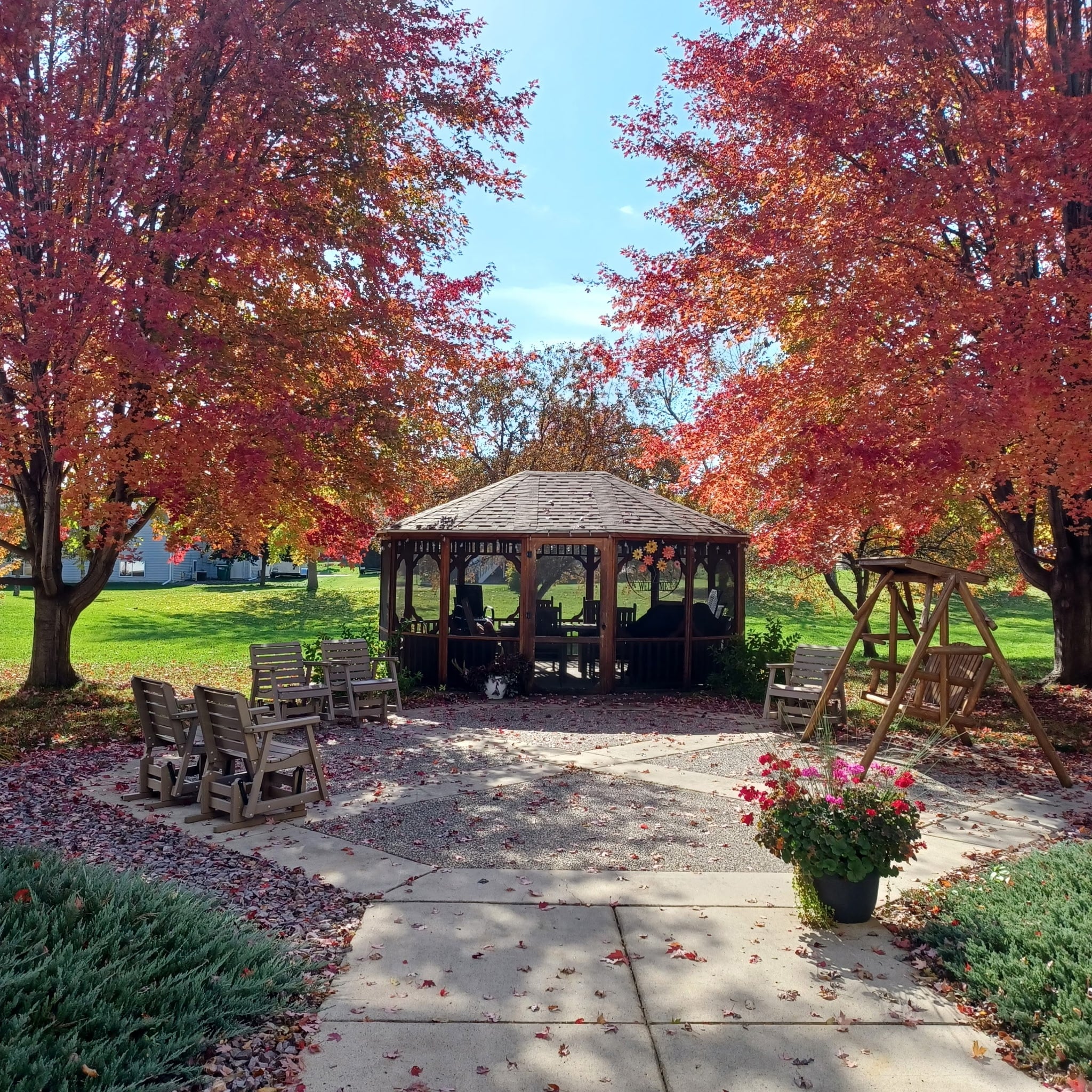 independent living garden with wooden gazebo