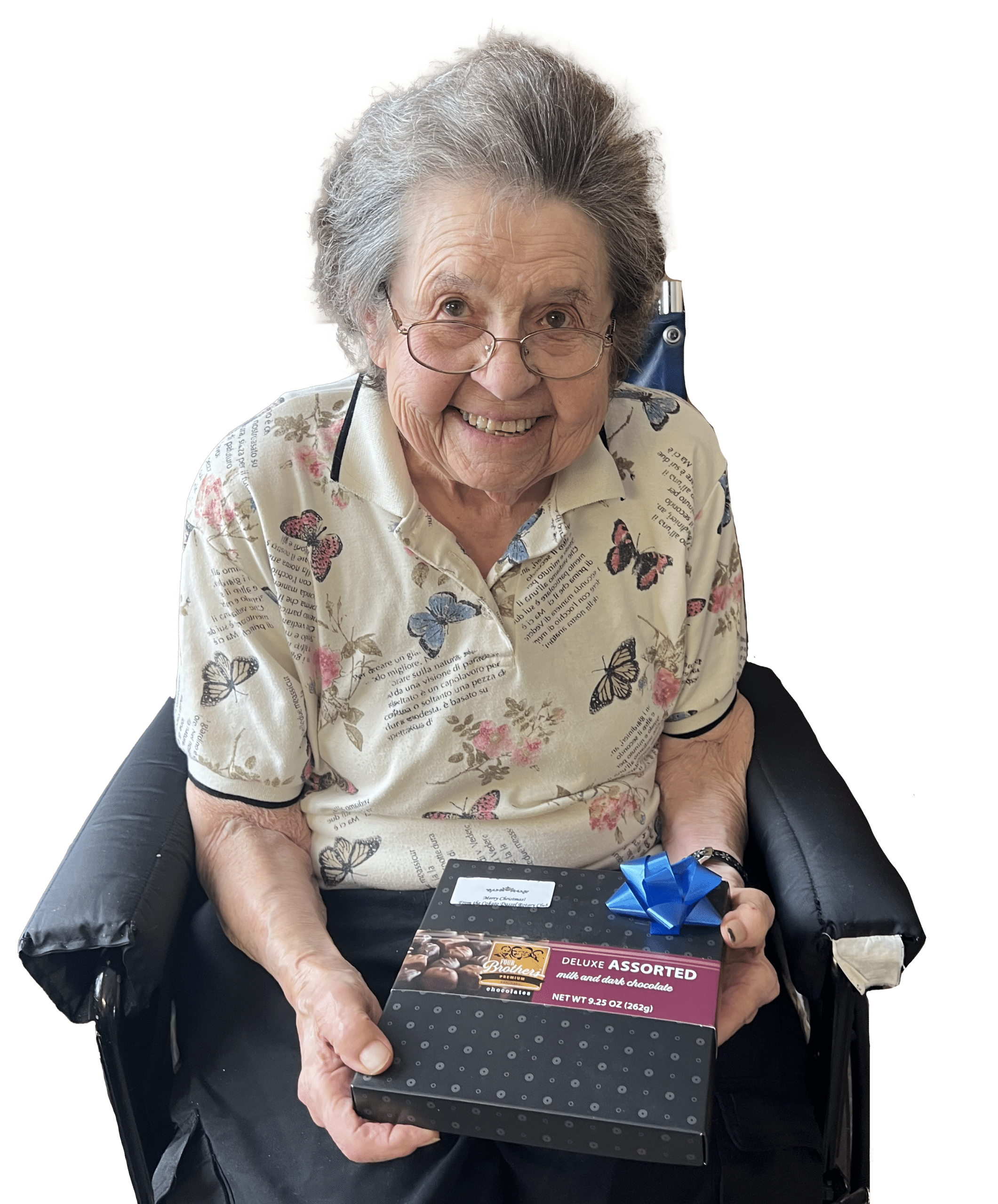 resident holding a box of chocolates