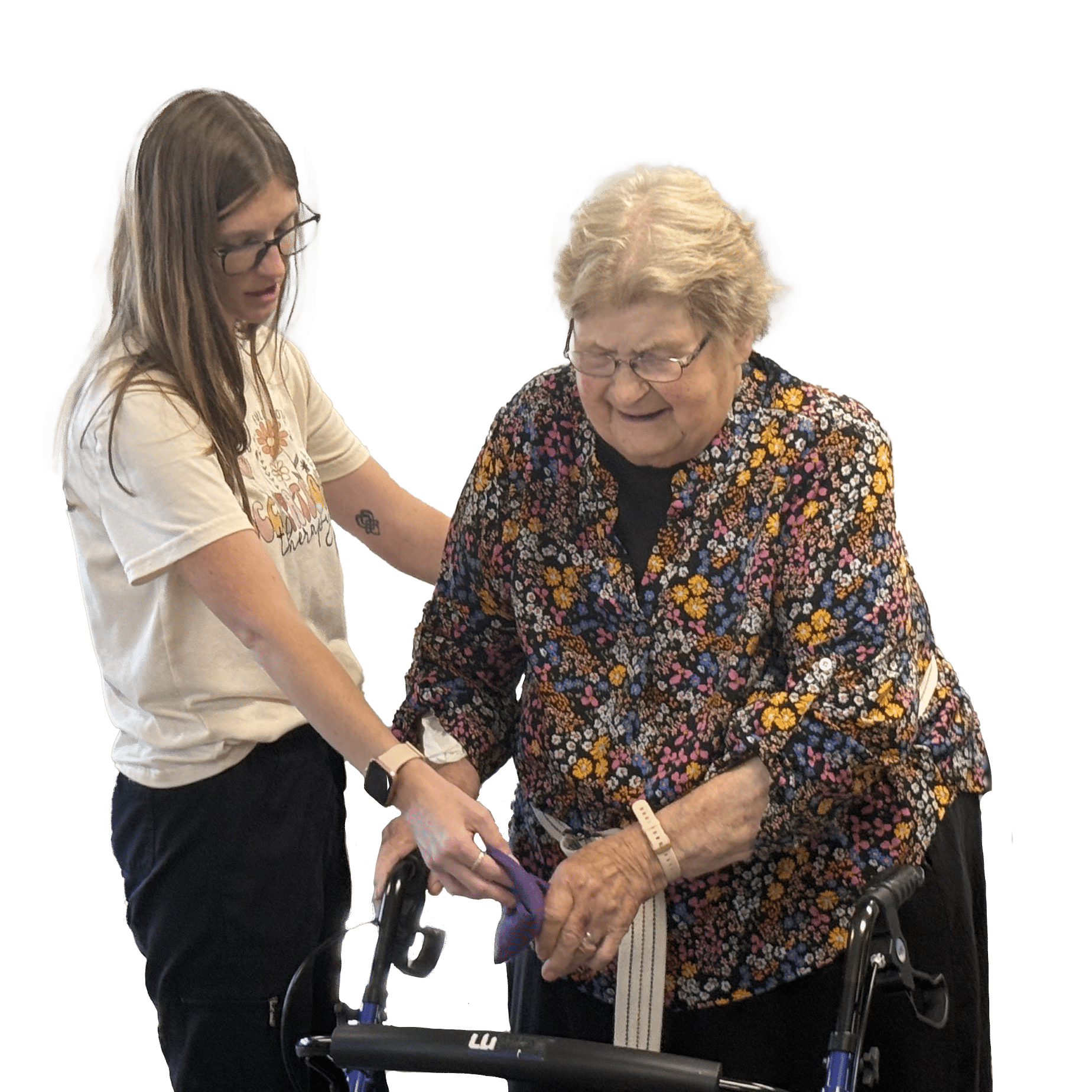 resident with staff doing physical therapy